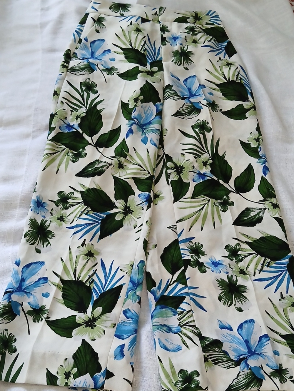 White Wide-Leg Floral Pants with Blue & Green Tropical Print